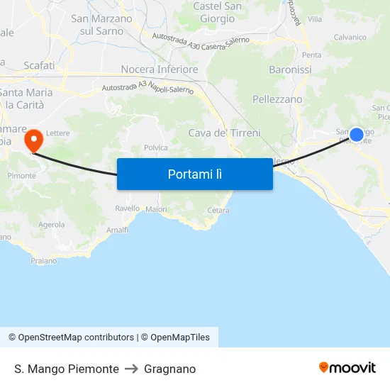 S. Mango Piemonte to Gragnano map