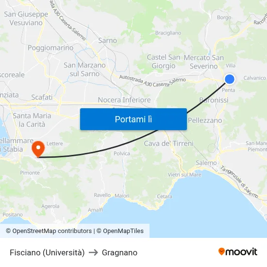 Fisciano (Università) to Gragnano map