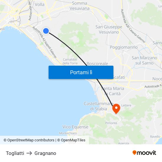 Togliatti to Gragnano map