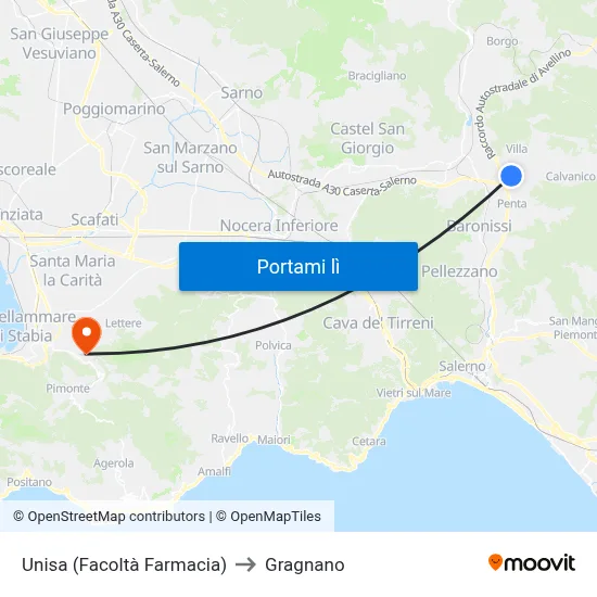 Unisa (Facoltà Farmacia) to Gragnano map