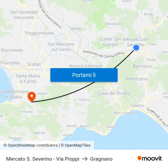 Mercato S. Severino - Via Pioppi to Gragnano map