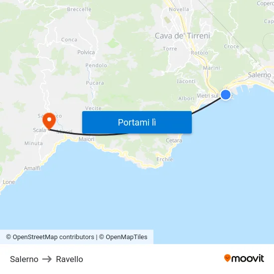 Salerno to Ravello map