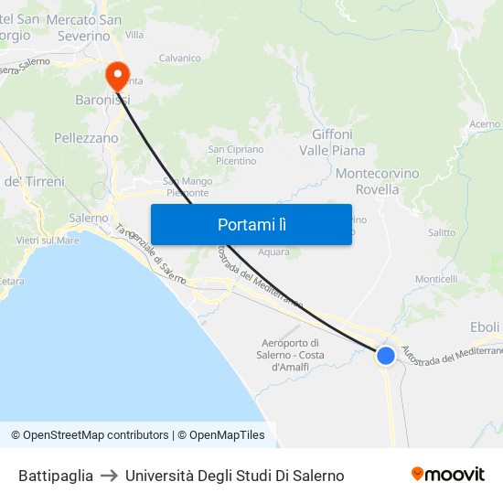 Battipaglia to Università Degli Studi Di Salerno map