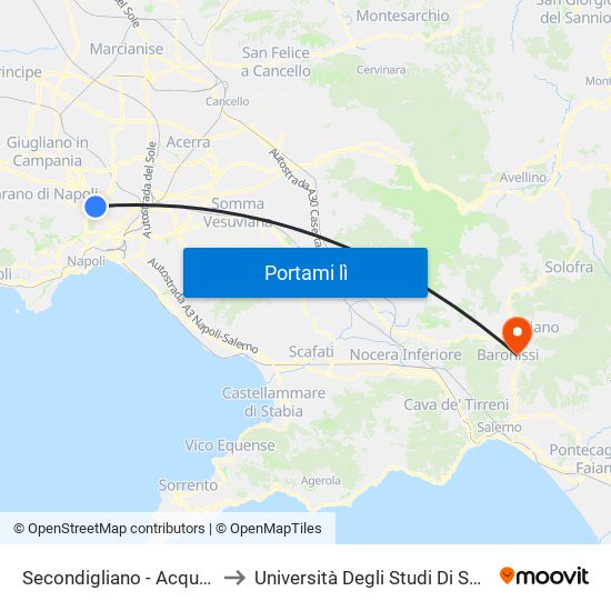 Secondigliano - Acquarola to Università Degli Studi Di Salerno map