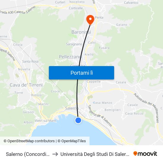 Salerno (Concordia) to Università Degli Studi Di Salerno map