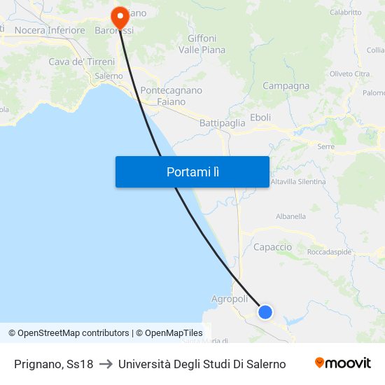 Prignano, Ss18 to Università Degli Studi Di Salerno map