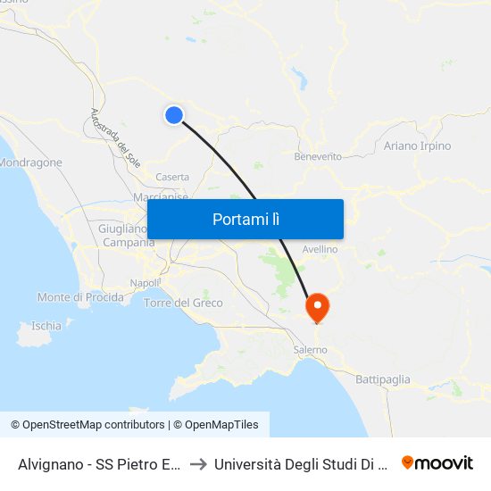 Alvignano - SS Pietro E Paolo to Università Degli Studi Di Salerno map