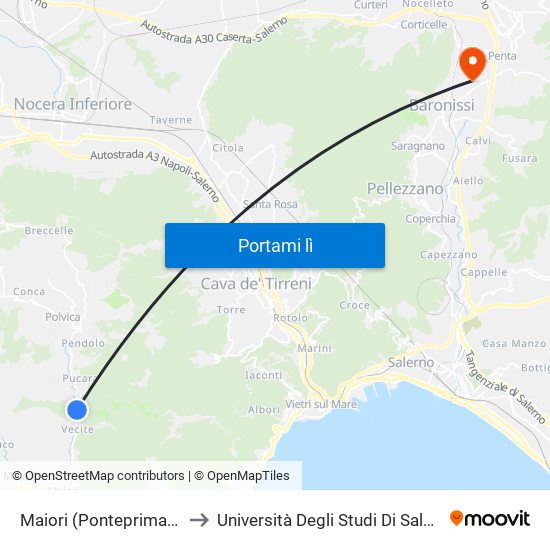 Maiori (Ponteprimario) to Università Degli Studi Di Salerno map