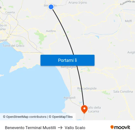 Benevento Terminal Mustilli to Vallo Scalo map