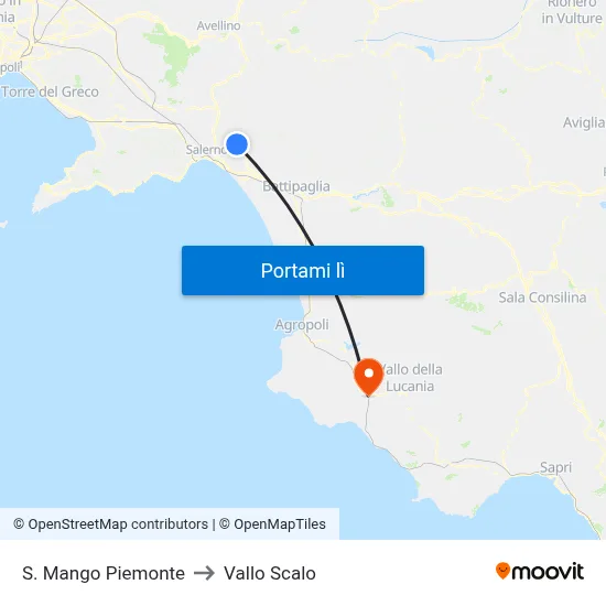 S. Mango Piemonte to Vallo Scalo map