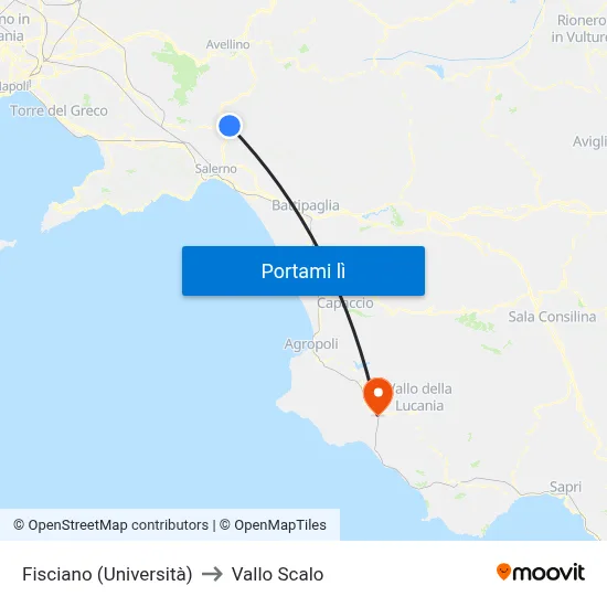 Fisciano (Università) to Vallo Scalo map