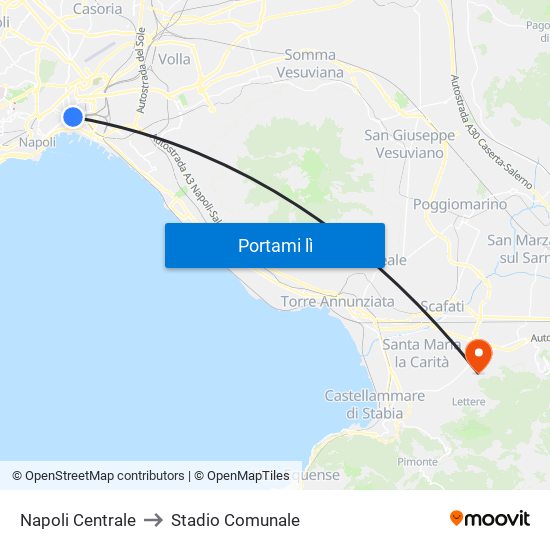 Napoli Centrale to Stadio Comunale map