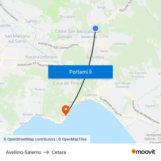 Avellino-Salerno to Cetara map