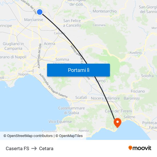 Caserta FS to Cetara map