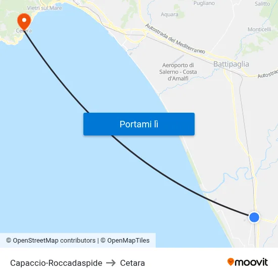 Capaccio-Roccadaspide to Cetara map