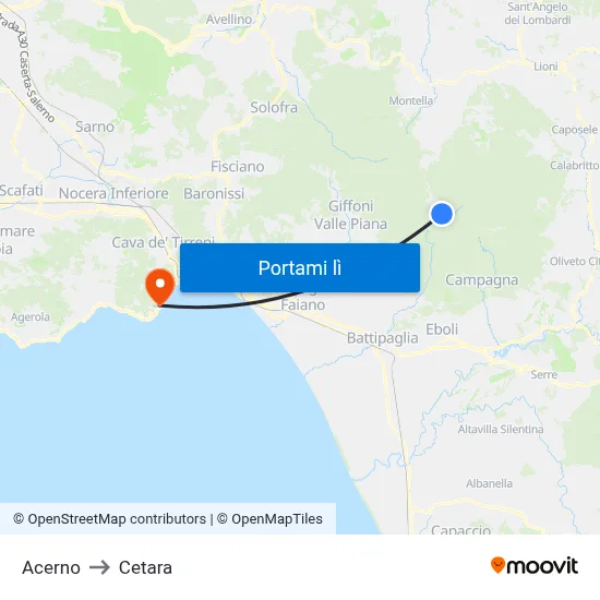 Acerno to Cetara map