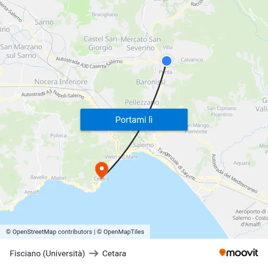 Fisciano (Università) to Cetara map