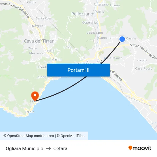 Ogliara Municipio to Cetara map