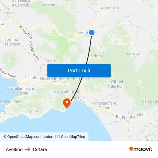 Avellino to Cetara map