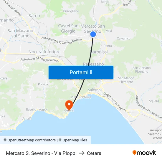Mercato S. Severino - Via Pioppi to Cetara map