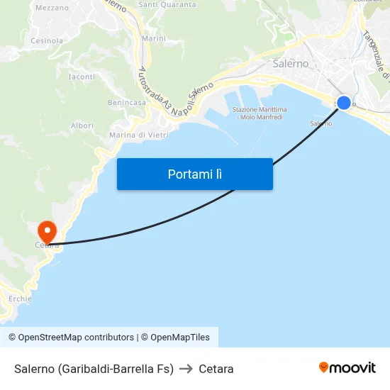 Salerno (Garibaldi-Barrella Fs) to Cetara map