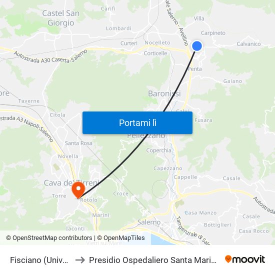 Fisciano (Università) to Presidio Ospedaliero Santa Maria Dell'Olmo map