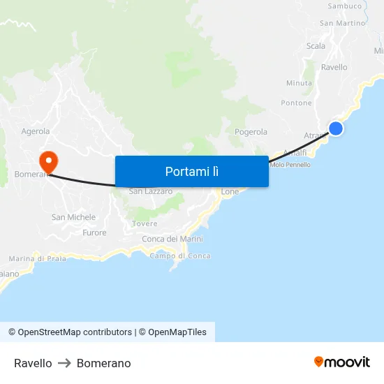 Ravello to Bomerano map