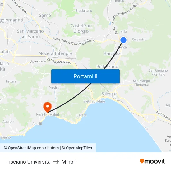 Fisciano Università to Minori map