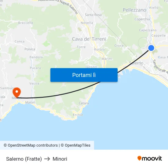 Salerno (Fratte) to Minori map