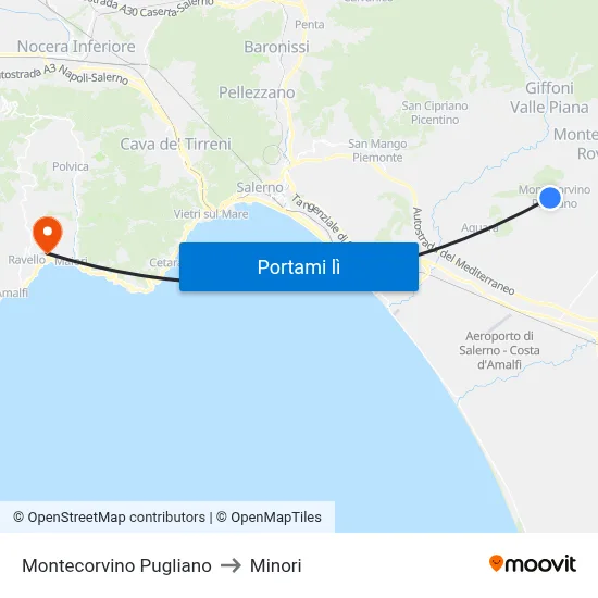 Montecorvino Pugliano to Minori map