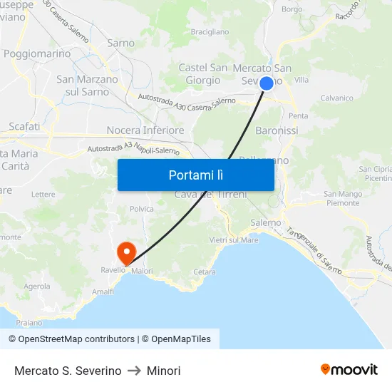 Mercato S. Severino to Minori map