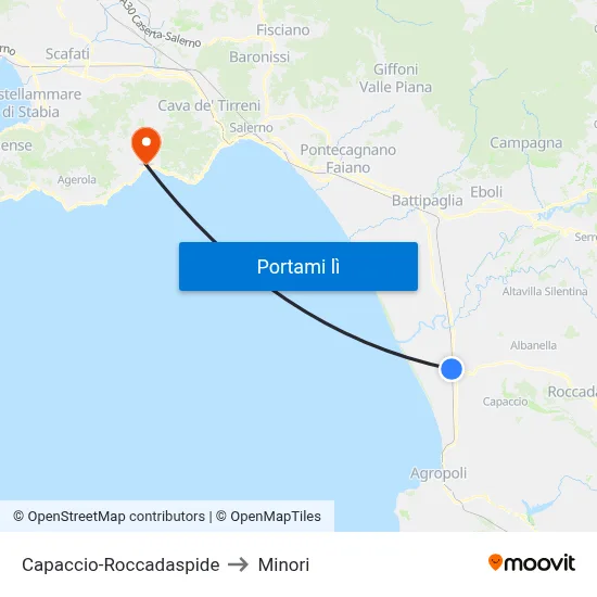 Capaccio-Roccadaspide to Minori map