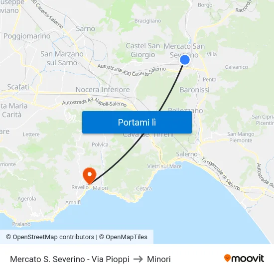 Mercato S. Severino - Via Pioppi to Minori map