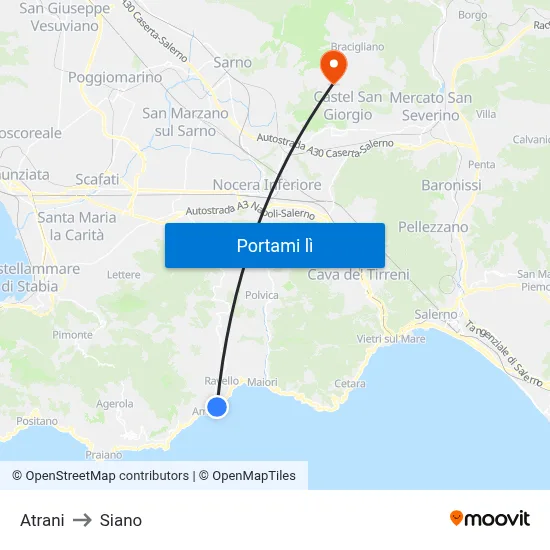 Atrani to Siano map
