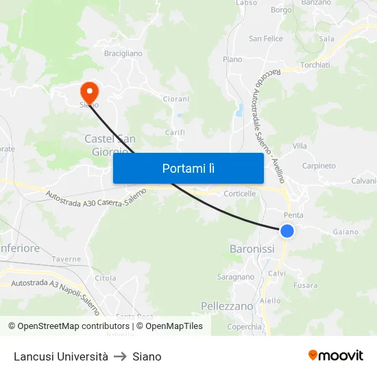 Lancusi Università to Siano map