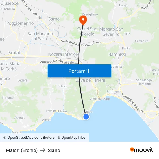 Maiori (Erchie) to Siano map