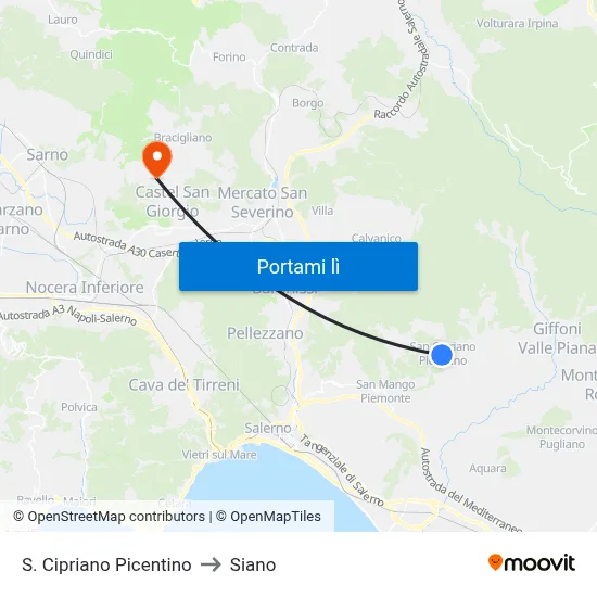 S. Cipriano Picentino to Siano map