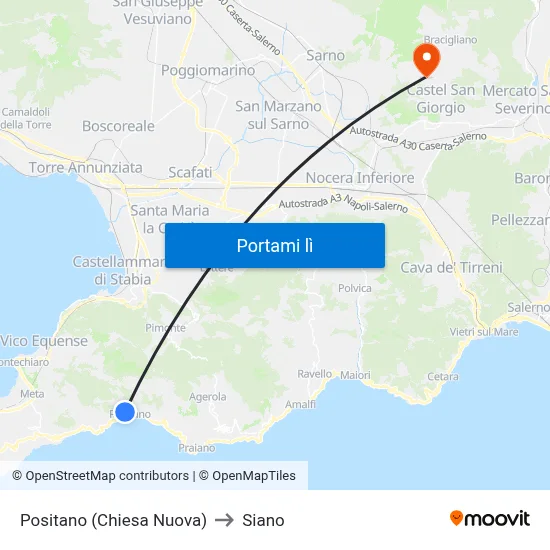 Positano (Chiesa Nuova) to Siano map