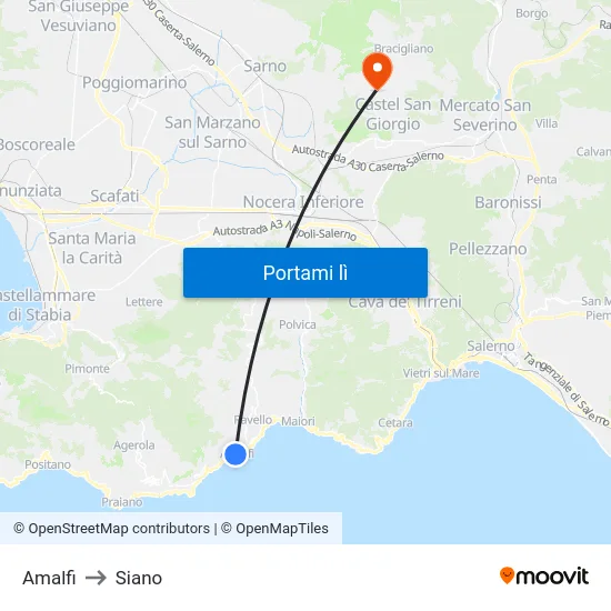 Amalfi to Siano map