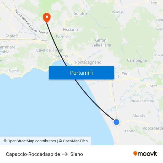 Capaccio-Roccadaspide to Siano map