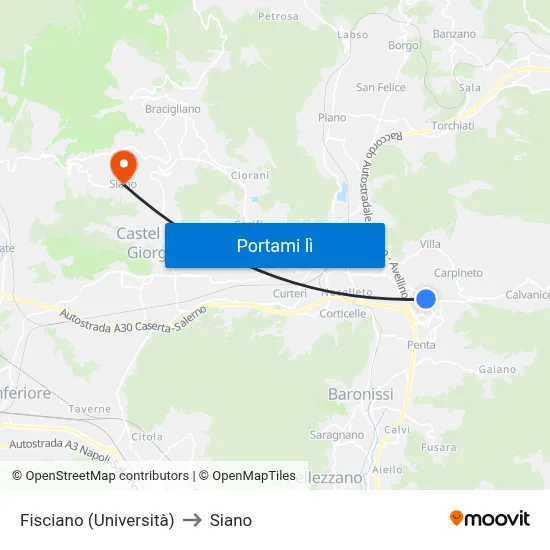 Fisciano (Università) to Siano map