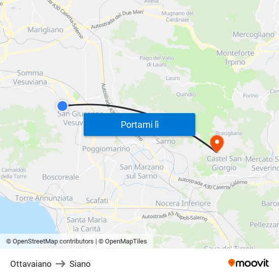 Ottavaiano to Siano map