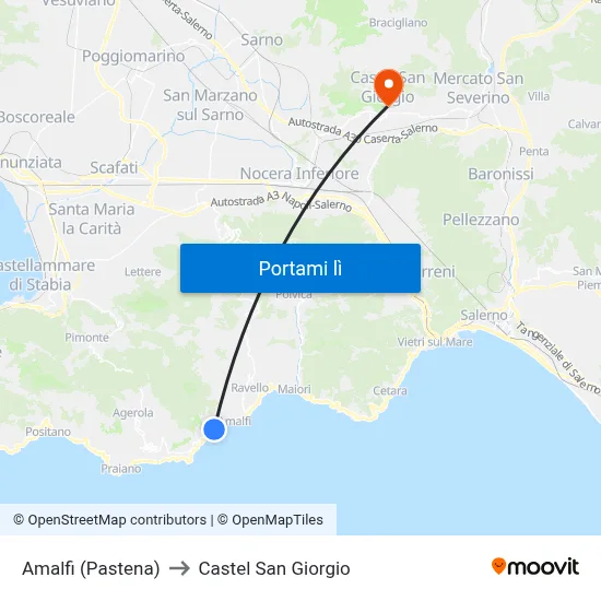 Amalfi (Pastena) to Castel San Giorgio map