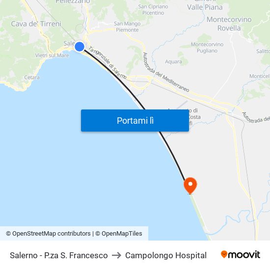 Salerno - P.za S. Francesco to Campolongo Hospital map