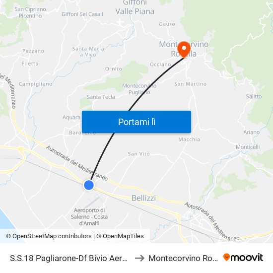 S.S.18 Pagliarone-Df Bivio Aeroporto to Montecorvino Rovella map