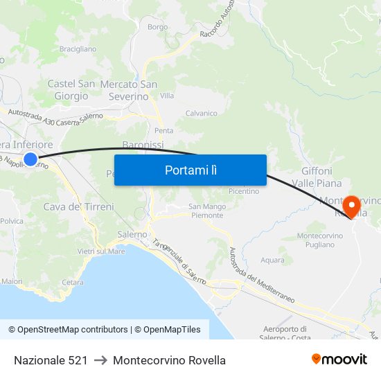 Nazionale 521 to Montecorvino Rovella map