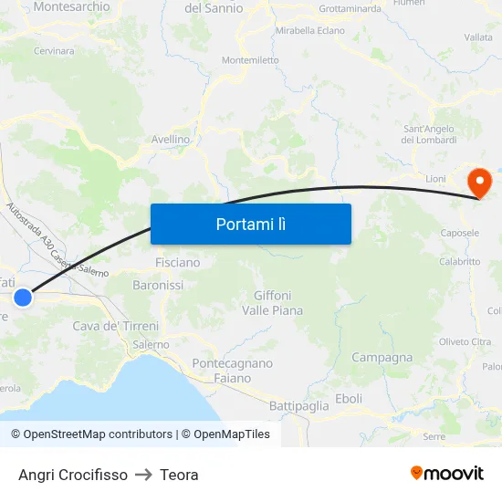 Angri Crocifisso to Teora map