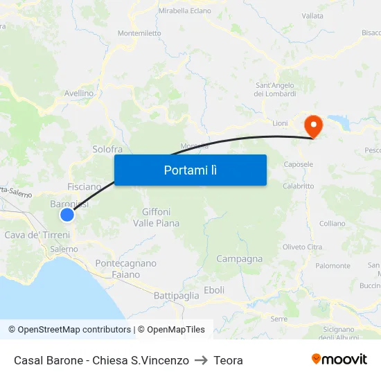 Casal Barone - Chiesa S.Vincenzo to Teora map