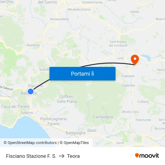 Fisciano Stazione F. S. to Teora map