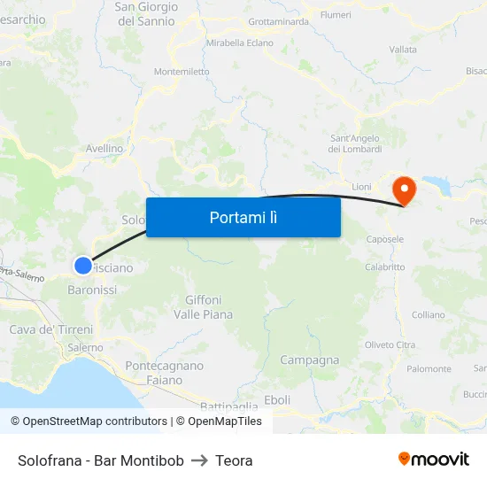 Solofrana - Bar Montibob to Teora map